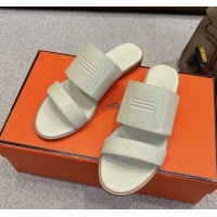 Feminine Hermes Mona Cream Calfskin Leather Flat Slides Sandals 6053001