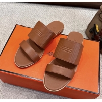 Leisure Hermes Mona Brown Calfskin Leather Flat Slides Sandals 6053001