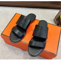 Trendy Design Hermes Mona Black Calfskin Leather Flat Slides Sandals 6053001