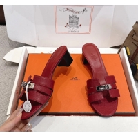 Buy Fashionable Hermes H Oran Kelly Buckle Heeled Slides Sandals Red Calfskin Leather 50MM 6053002