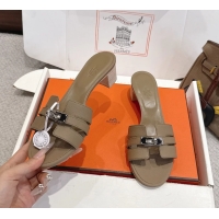 Buy Discount Hermes H Oran Kelly Buckle Heeled Slides Sandals Light Gray Calfskin Leather 50MM 6053002