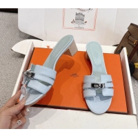 Durable Hermes H Oran Kelly Buckle Heeled Slides Sandals Light Blue Calfskin Leather 50MM 6053002