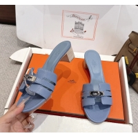 Grade Quality Hermes H Oran Kelly Buckle Heeled Slides Sandals Light Blue Calfskin Leather 50MM 6053002