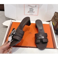 Buy Discount Hermes H Oran Kelly Buckle Heeled Slides Sandals Dark Brown Calfskin Leather 50MM 6053002