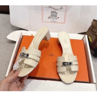 Discount Hermes H Oran Kelly Buckle Heeled Slides Sandals Cream Calfskin Leather 50MM 6053002