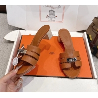 Good Quality Hermes H Oran Kelly Buckle Heeled Slides Sandals Brown Calfskin Leather 50MM 6053002