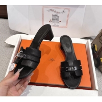 Discount Hermes H Oran Kelly Buckle Heeled Slides Sandals Black Calfskin Leather 50MM 6053101