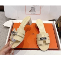 Discount Hermes H Oran Kelly Buckle Heeled Slides Sandals Beige Calfskin Leather 50MM 6053101
