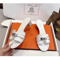 Buy Fashionable Hermes H Oran Kelly Buckle Heeled Slides Sandals White Calfskin Leather 50MM 6053101