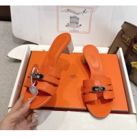 Discount Hermes H Oran Kelly Buckle Heeled Slides Sandals Orange Calfskin Leather 50MM 6053101