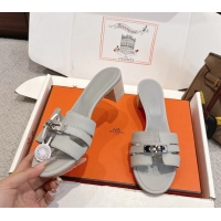 Unique Discount Hermes H Oran Kelly Buckle Heeled Slides Sandals Light Gray Calfskin Leather 50MM 6053101