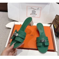 Comfortable Hermes H Oran Kelly Buckle Heeled Slides Sandals Green Calfskin Leather 50MM 6053101
