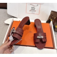 Original Cheap Hermes H Oran Kelly Buckle Heeled Slides Sandals Burgundy Calfskin Leather 50MM 6053101