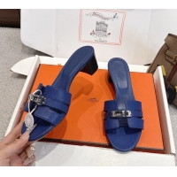 Trendy Design Hermes H Oran Kelly Buckle Heeled Slides Sandals Blue Calfskin Leather 50MM 6053101