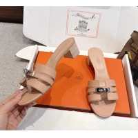 Buy Cheapest Hermes H Oran Kelly Buckle Heeled Slides Sandals Beige Calfskin Leather 50MM 6053101