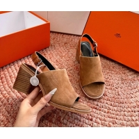 Unique Style Hermes Mailys Heeled Slingback Sandals Brown Suede Calfskin Leather 70MM 6053103