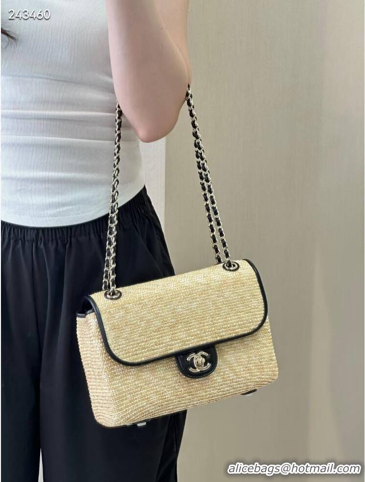 Hot Style Chanel Raffia Straw and Calfskin Large Flap Bag AS5929 Beige/Black 2025