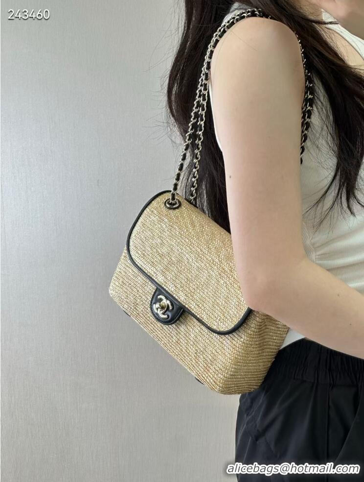 Hot Style Chanel Raffia Straw and Calfskin Large Flap Bag AS5929 Beige/Black 2025