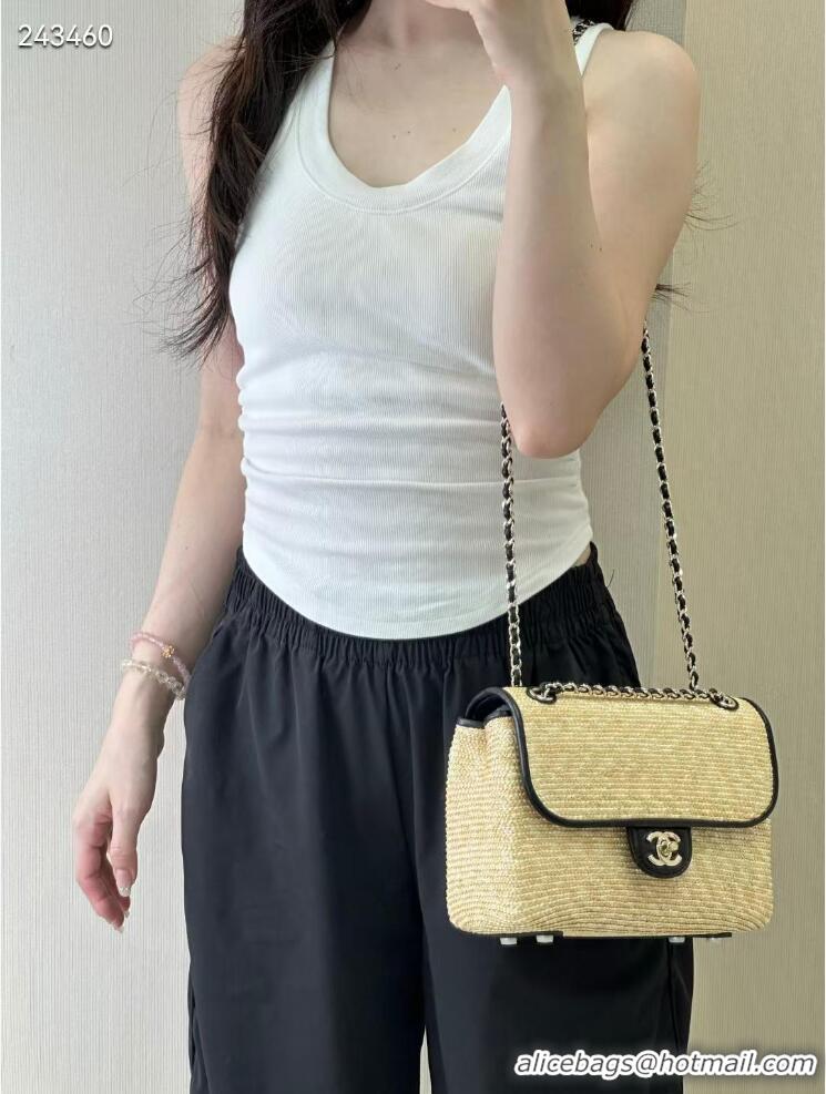 Hot Style Chanel Raffia Straw and Calfskin Large Flap Bag AS5929 Beige/Black 2025