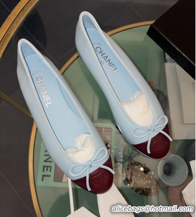 Best Product Chanel CC Logo Bowknot Light Blue Calf Leather Ballet Flats 6051808