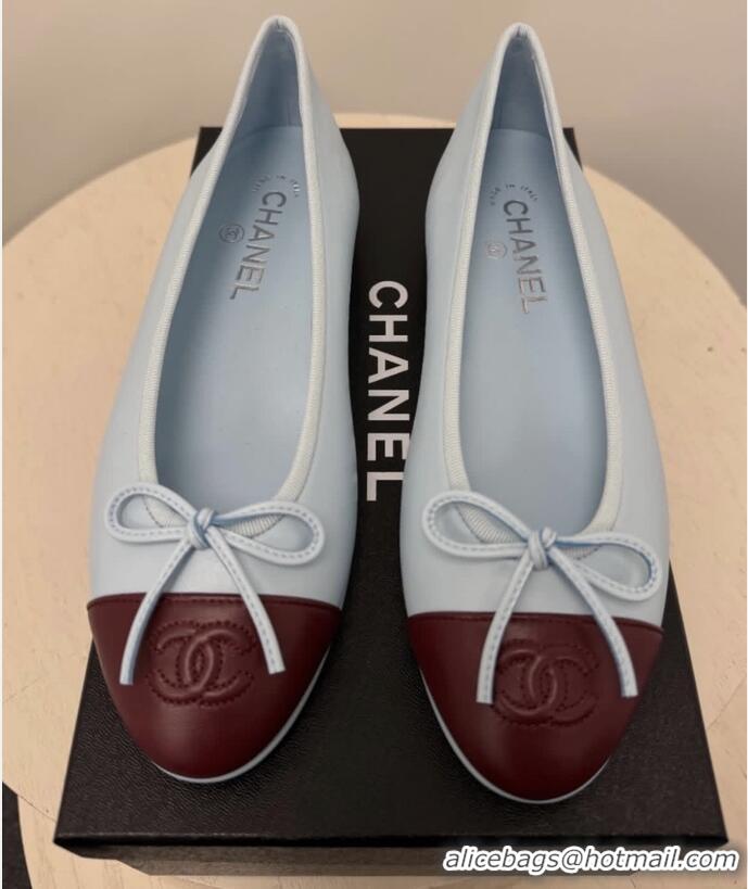 Best Product Chanel CC Logo Bowknot Light Blue Calf Leather Ballet Flats 6051808