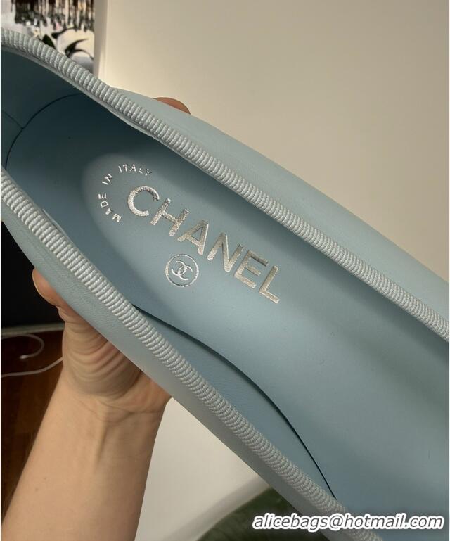 Best Product Chanel CC Logo Bowknot Light Blue Calf Leather Ballet Flats 6051808