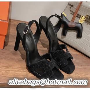 Discount Hermes Holy High Heeled Sandals Black Crystals Leather 105MM 6060101