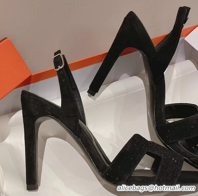 Discount Hermes Holy High Heeled Sandals Black Crystals Leather 105MM 6060101