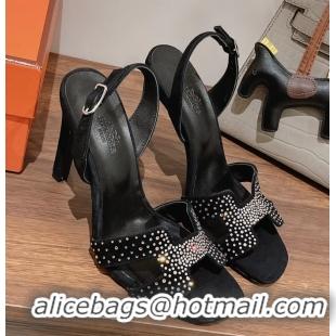 Cheapest Hermes Holy High Heeled Sandals Black Crystals Leather 105MM 6060101