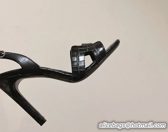 Fashion Hermes Holy High Heeled Sandals Black Crocodile Embossed Calf Leather 105MM 6060101