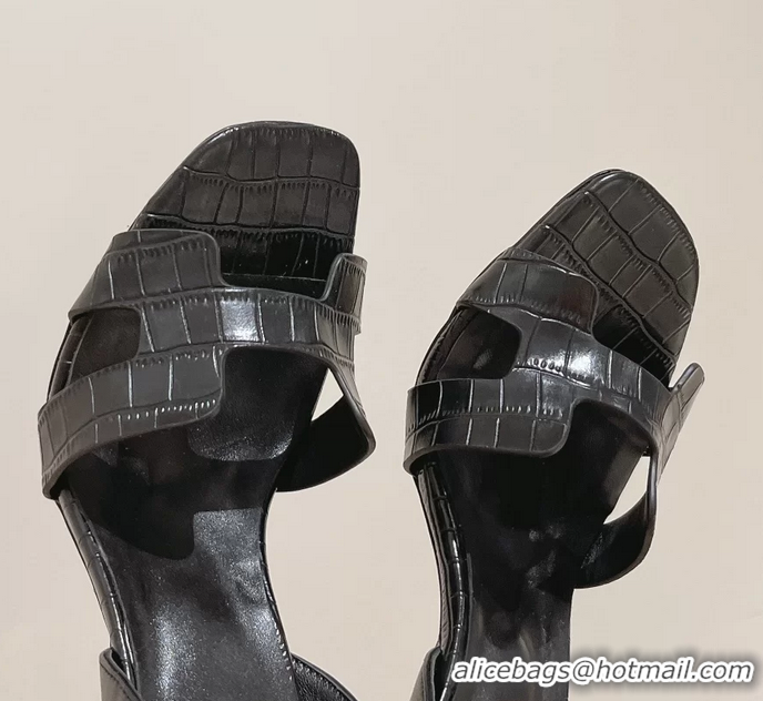 Fashion Hermes Holy High Heeled Sandals Black Crocodile Embossed Calf Leather 105MM 6060101