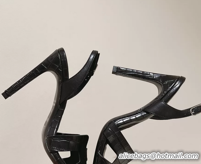 Fashion Hermes Holy High Heeled Sandals Black Crocodile Embossed Calf Leather 105MM 6060101