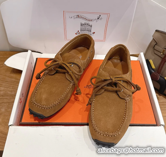 Big Discount Hermes Member Loafers Brown Suede Calfskin Leather 6060103