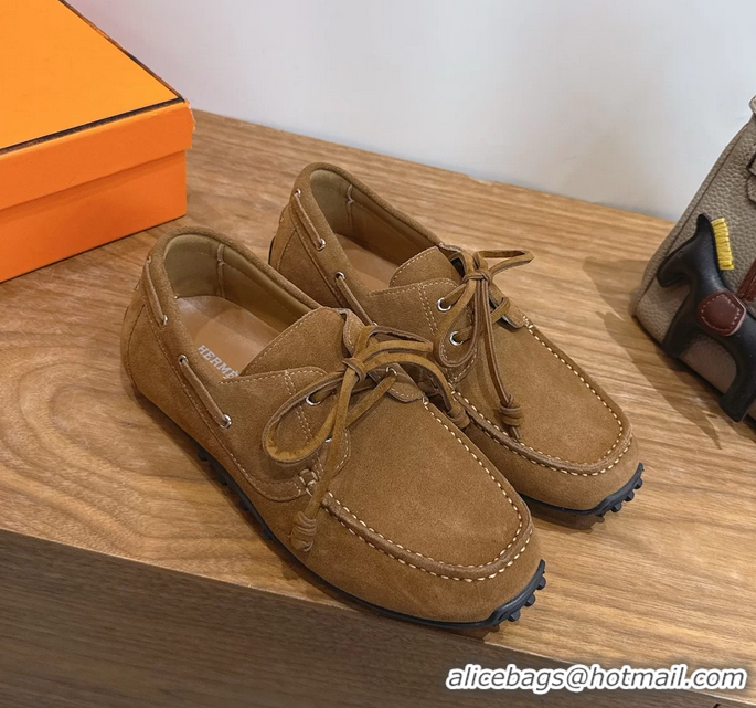 Big Discount Hermes Member Loafers Brown Suede Calfskin Leather 6060103