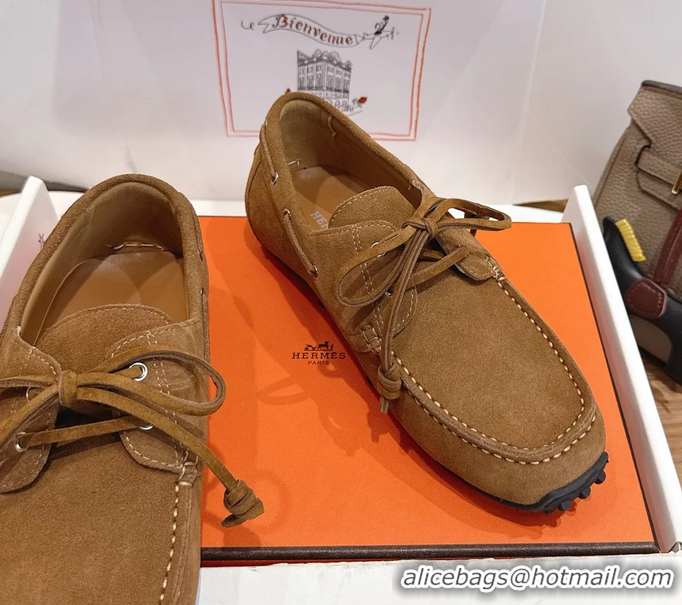 Big Discount Hermes Member Loafers Brown Suede Calfskin Leather 6060103