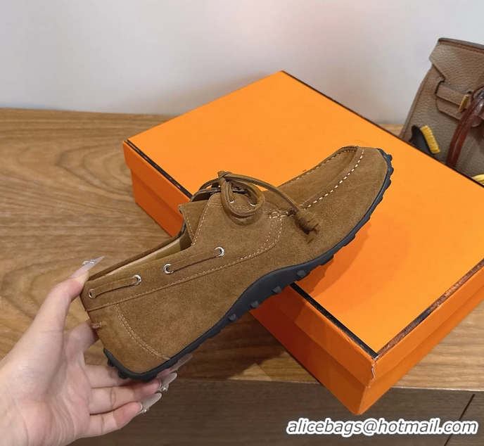 Big Discount Hermes Member Loafers Brown Suede Calfskin Leather 6060103