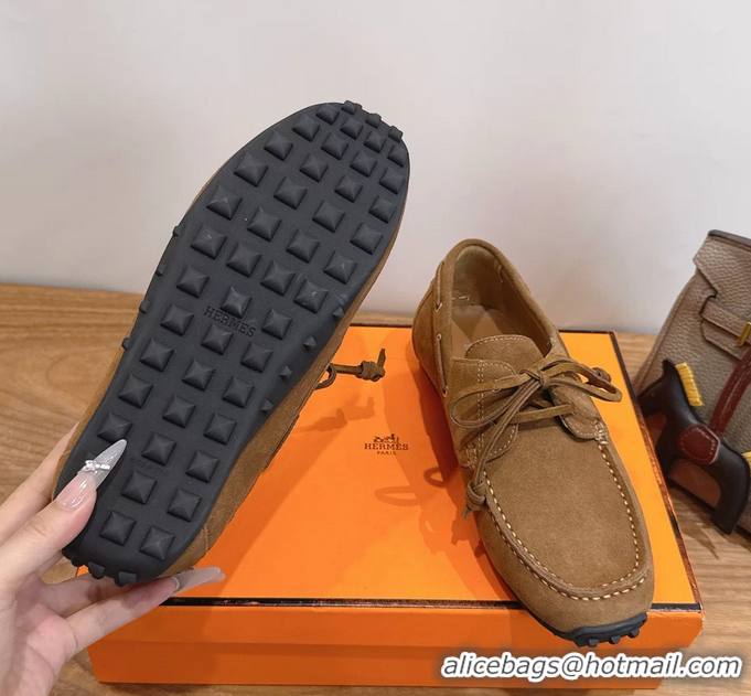Big Discount Hermes Member Loafers Brown Suede Calfskin Leather 6060103