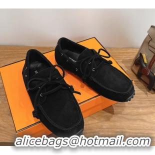 Unique Discount Hermes Member Loafers Black Suede Calfskin Leather 6060103