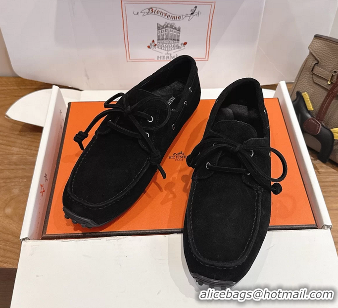 Unique Discount Hermes Member Loafers Black Suede Calfskin Leather 6060103