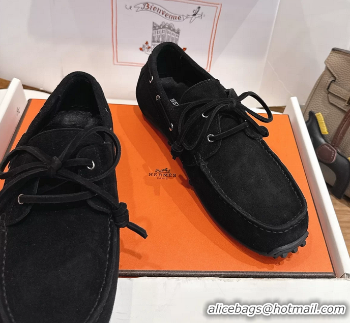 Unique Discount Hermes Member Loafers Black Suede Calfskin Leather 6060103