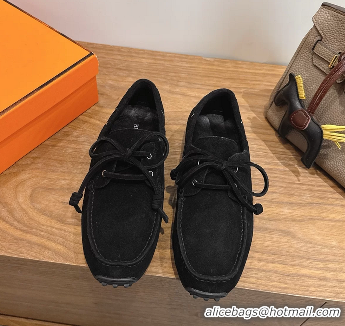 Unique Discount Hermes Member Loafers Black Suede Calfskin Leather 6060103