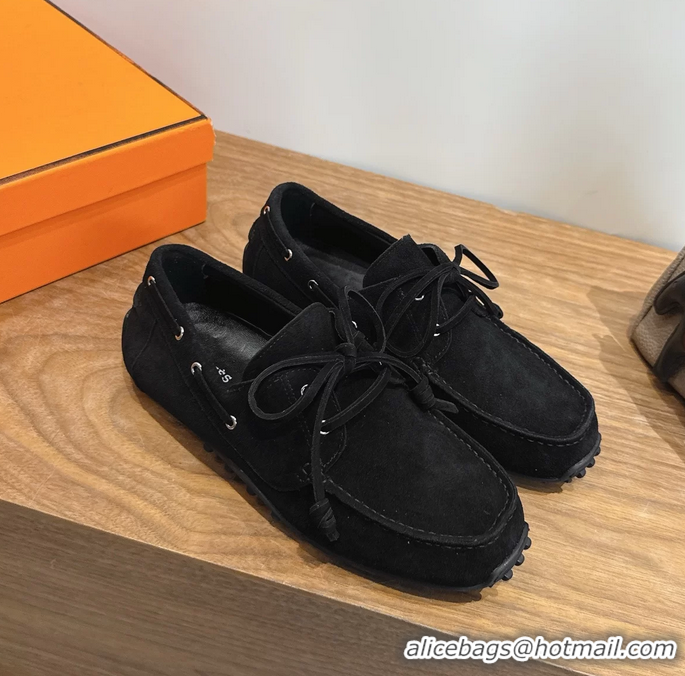 Unique Discount Hermes Member Loafers Black Suede Calfskin Leather 6060103