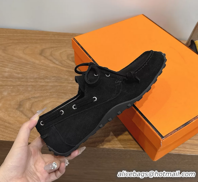 Unique Discount Hermes Member Loafers Black Suede Calfskin Leather 6060103
