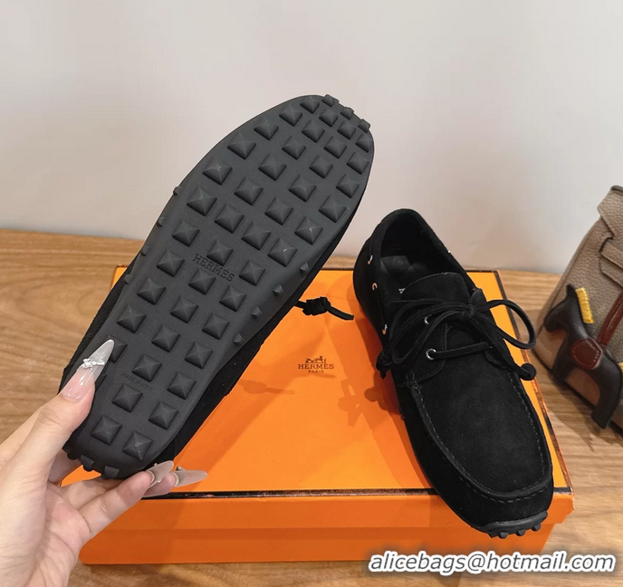Unique Discount Hermes Member Loafers Black Suede Calfskin Leather 6060103