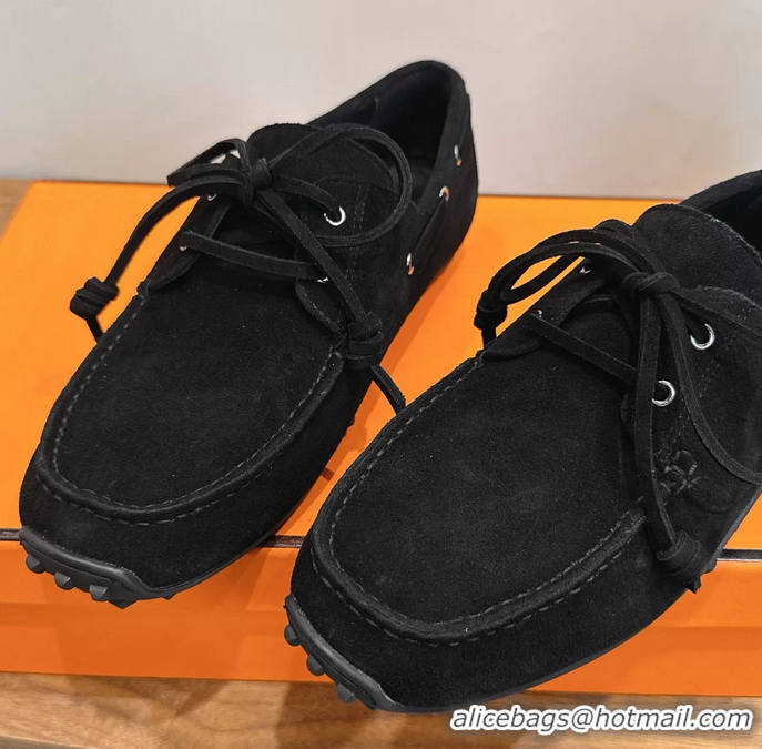 Unique Discount Hermes Member Loafers Black Suede Calfskin Leather 6060103