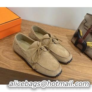Durable Hermes Member Loafers Beige Suede Calfskin Leather 6060201