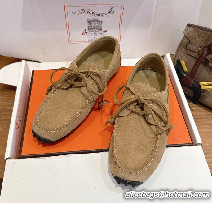 Durable Hermes Member Loafers Beige Suede Calfskin Leather 6060201