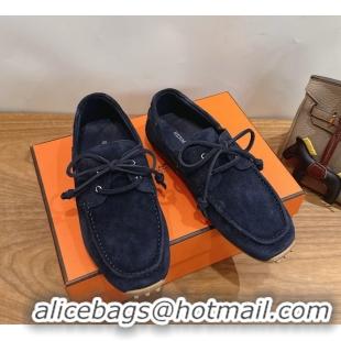 Masculine Hermes Member Loafers Navy Blue Suede Calfskin Leather 6060201