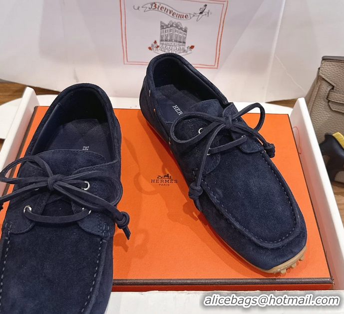 Masculine Hermes Member Loafers Navy Blue Suede Calfskin Leather 6060201