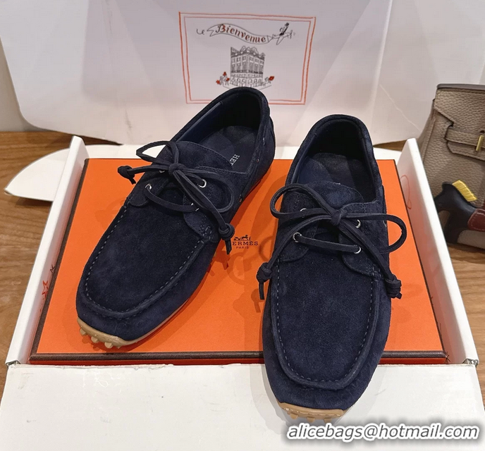Masculine Hermes Member Loafers Navy Blue Suede Calfskin Leather 6060201